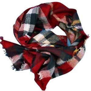 Willow Collective Tartan Plaid Fringe Large Blanket Scarf Red Black White Yellow
